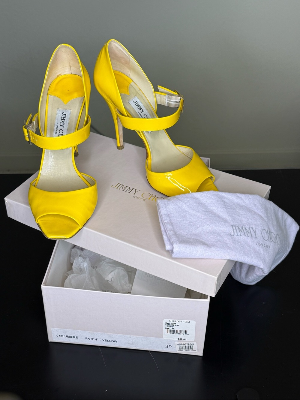 Jimmy Choo Yellow Patent Leather Mary Jane Peep-Toe Heels